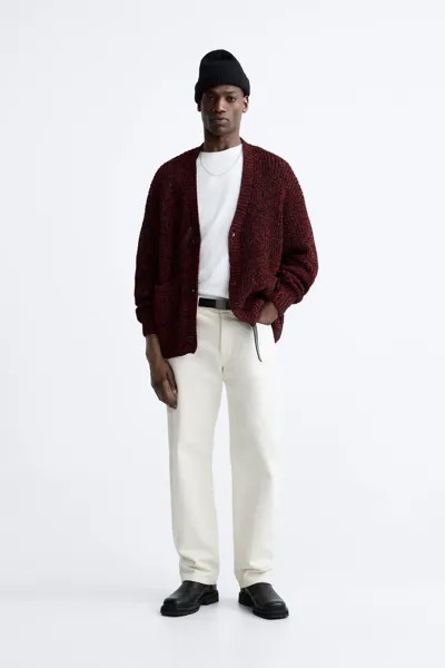 Текстурированный контрастный кардиган ZARA, красный/черный