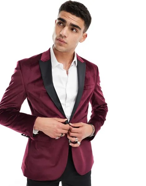 Бордовый бархатный пиджак-смокинг скинни ASOS DESIGN