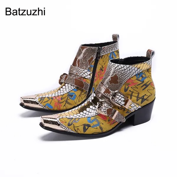 Ботинки Batzuzhi мужские на высоком каблуке 6,5 см, металлический носок, спилок, желтые кожаные Полусапоги, на молнии, рок, мотоботы, для вечеринки, свадьбы