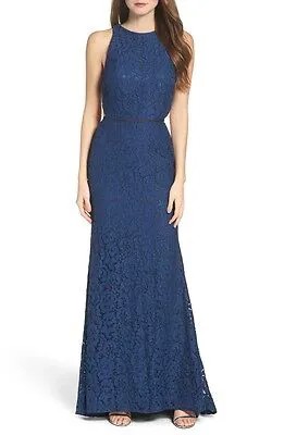 NEW MAC DUGGAL 62691 Сапфировое темно-синее кружевное платье с высоким воротником и вырезом сзади 14