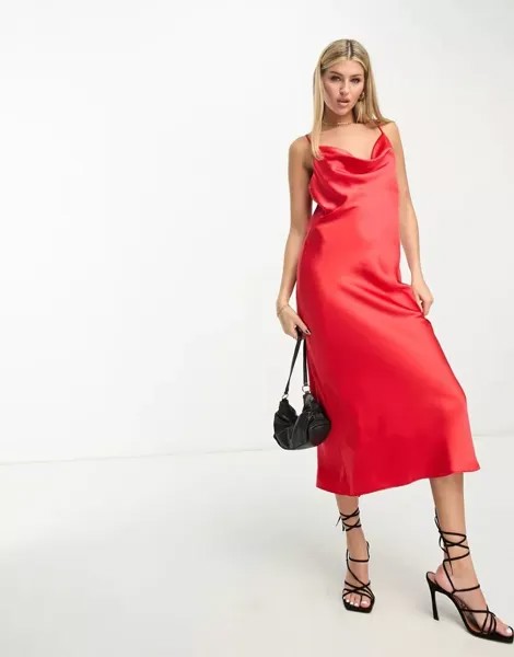 Красное атласное платье-сарафан с воротником-хомутом New Look