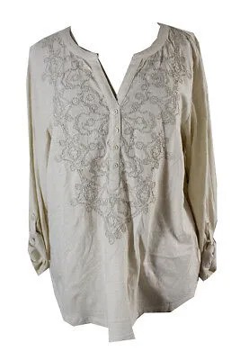 Кремовая блузка Henley с длинными рукавами и вышивкой Style - Co с разрезом на пуговицах S
