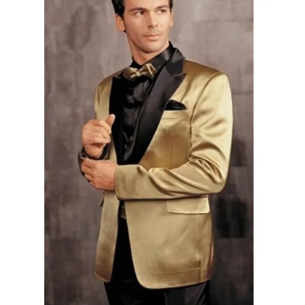 Мужские костюмы для выпускного вечера из 2 предметов с заостренным отворотом, золотистый атласный свадебный смокинг для шафера, Мужская модная индивидуализированная куртка с черными брюками, Новинка