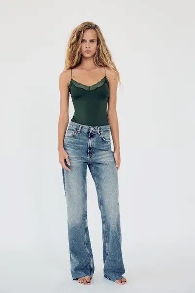 Боди с кружевной отделкой ZARA, темно-зеленый