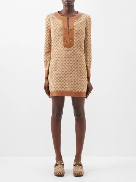 Платье мини из смесового льна с кожаной отделкой и монограммой gg Gucci, бежевый