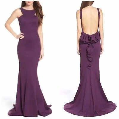 JOVANI Фиолетовое платье из эластичного трикотажа с рюшами на спине и открытой спиной, платье-русалка 10
