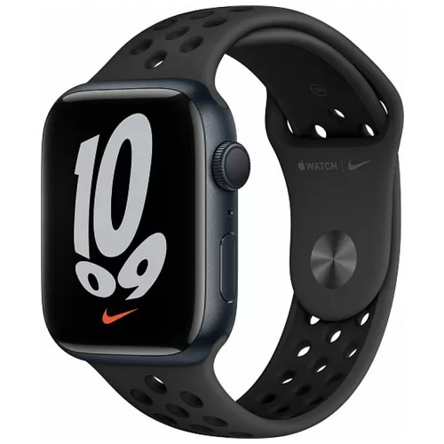 Apple Watch Series 7, 41 мм, корпус из алюминия цвета «тёмная ночь», спортивный ремешок Nike цвета «антрацитовый/чёрный»