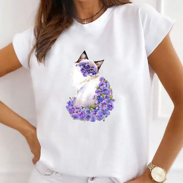 Повседневный Сладкий Прекрасный Женский Принт Tee Top Fashion 90s Трендовая футболка Женщина Женская T Одежда с коротким рукавом Графическая футболка