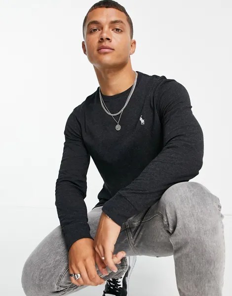 Черный меланжевый лонгслив с маленьким логотипом Polo Ralph Lauren-Черный цвет