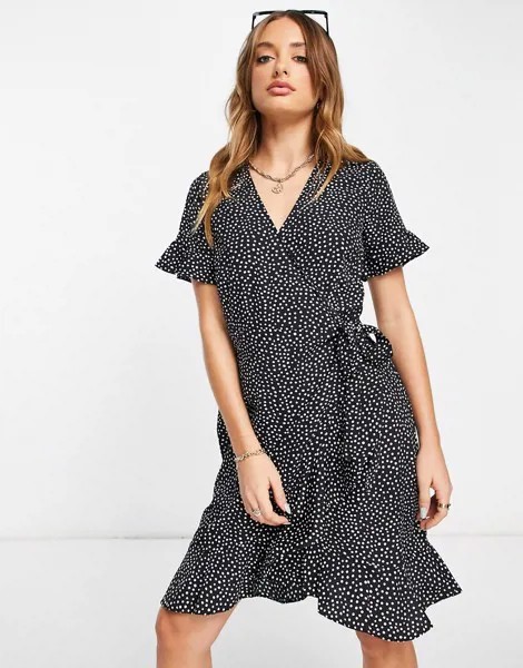 Платье мини с запахом черного цвета в белый горошек Vero Moda-Разноцветный