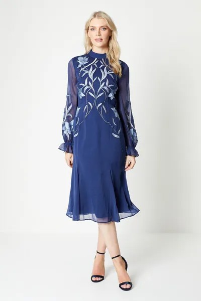 Платье миди с расклешенной юбкой с цветочной вышивкой Coast, синий
