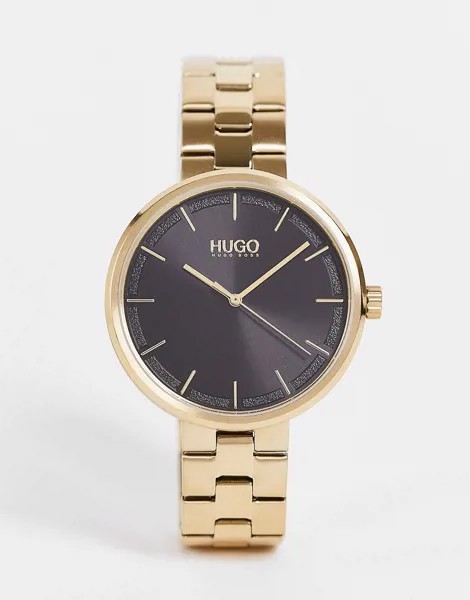 Женские золотистые часы-браслет с черным циферблатом Hugo-Золотистый