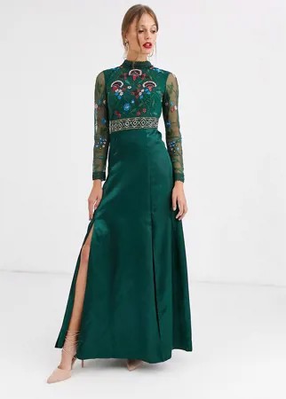 Платье макси с вышивкой и длинным рукавом Frock & Frill-Зеленый
