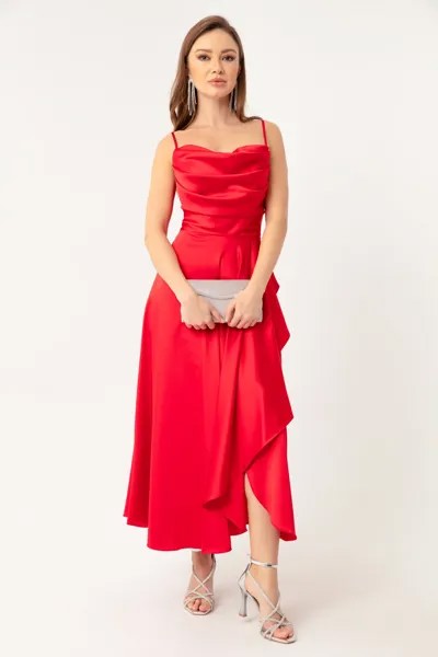 Женское красное атласное вечернее платье миди с разрезом и воланами, вечернее платье и выпускное платье Lafaba, красный
