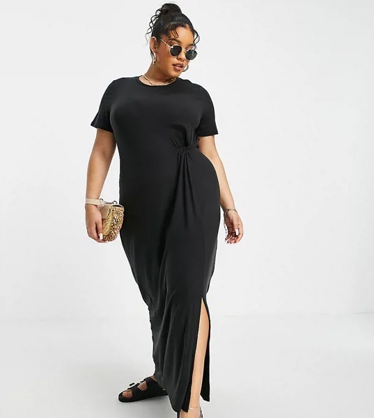 Черное платье-футболка макси с перекрученной деталью Vero Moda Curve-Черный цвет