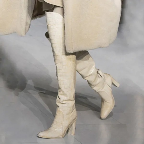 Женские сапоги на квадратном каблуке, Сапоги выше колена абрикосового и крокодилового цвета с боковой молнией, модная обувь для женщин, зима 2022
