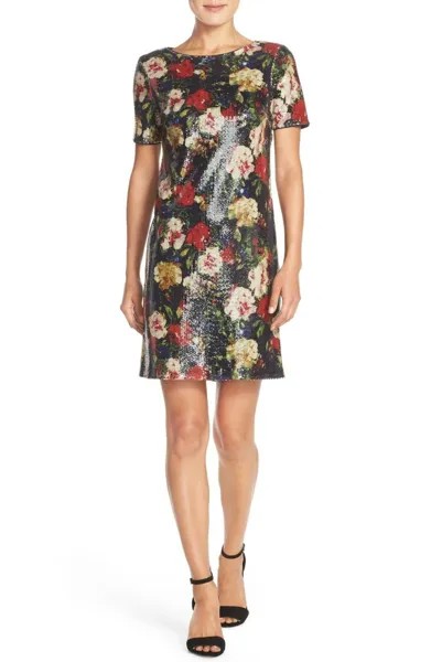 Marc New York NWT Изысканное черное платье прямого кроя с цветочным принтом и пайетками, размер 4,6