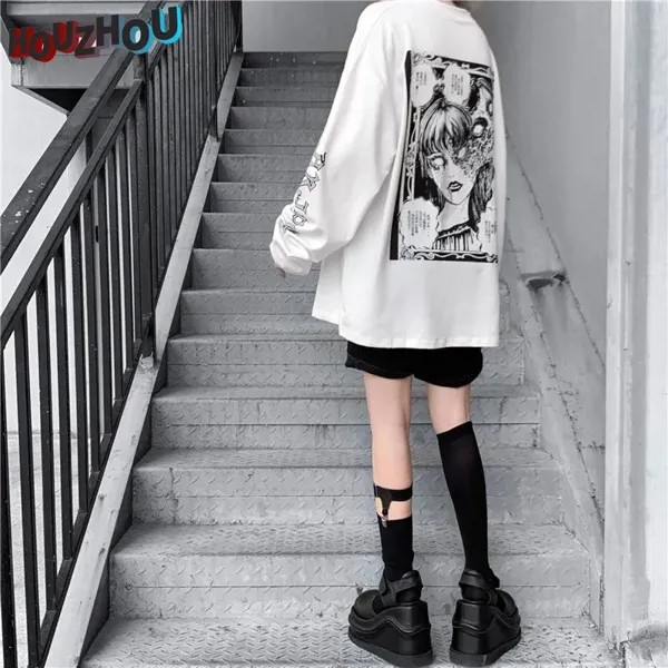 Harajuku Оверсайз с длинным рукавом Футболка E Girl Аниме Принт Японская уличная одежда Hiphop Punk O-neck Готическая повседневная футболка Топы для девочек Y2k Club Style