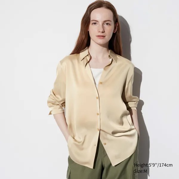 Блузка UNIQLO атласная с длинными рукавами, бежевый