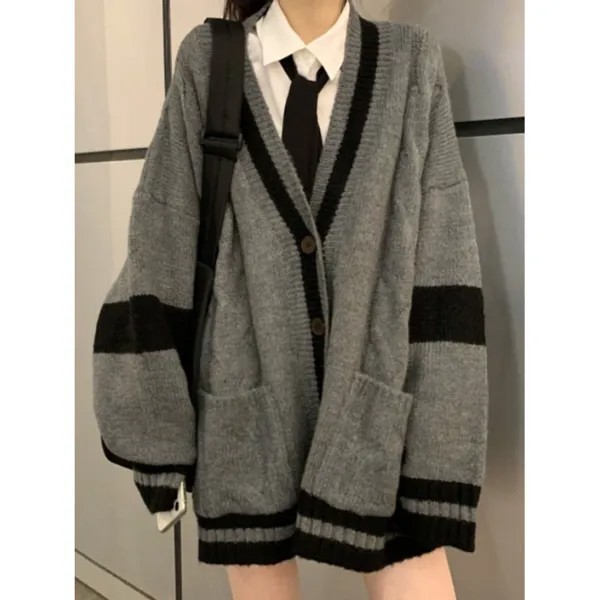 Винтажный полосатый контрастный вязаный пуловер-кардиган-свитер