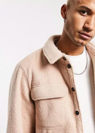 Oversized куртка-рубашка бежевого цвета из ткани с добавлением шерсти на стеганой подкладке ASOS DESIGN-Neutral