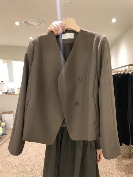 Женский маленький пиджак, весна-осень 2022, новый корейский Свободный модный универсальный короткий Блейзер с V-образным вырезом, h2214