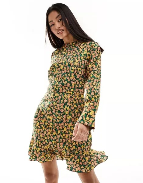 Зеленое свободное платье мини с длинными рукавами French Connection Armoise из фактурной ткани с цветочным принтом