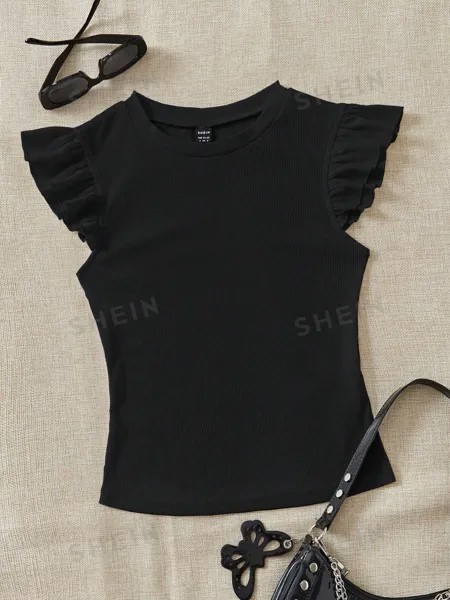 SHEIN WYWH трикотажная однотонная женская футболка с круглым вырезом и короткими рукавами, черный