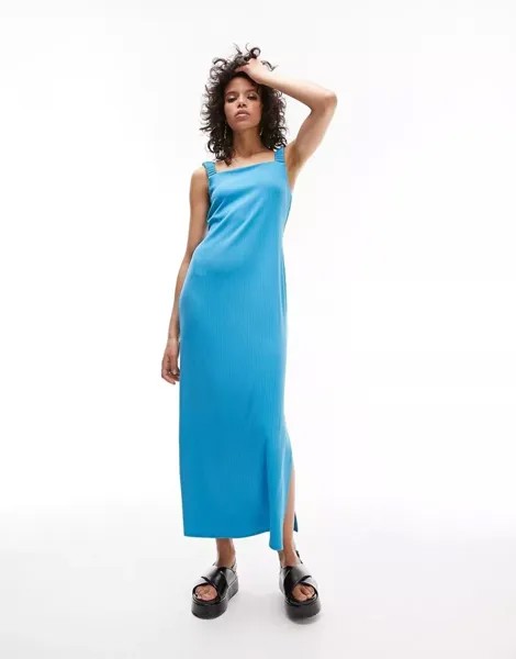 Голубое платье миди из джерси в рубчик Topshop