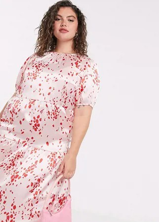 Атласное платье миди с принтом и объемными рукавами Influence Plus-Розовый цвет