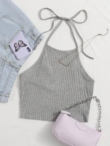 SHEIN EZwear Рубашка с завязками на спине, ребристый трикотаж, укороченный воротник, воротник-стойка, серый