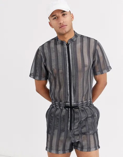 Прозрачный сетчатый комбинезон-шорты в полоску ASOS DESIGN-Черный