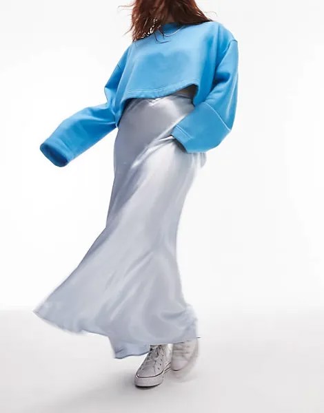 Голубая атласная юбка макси с косой посадкой Topshop Curve