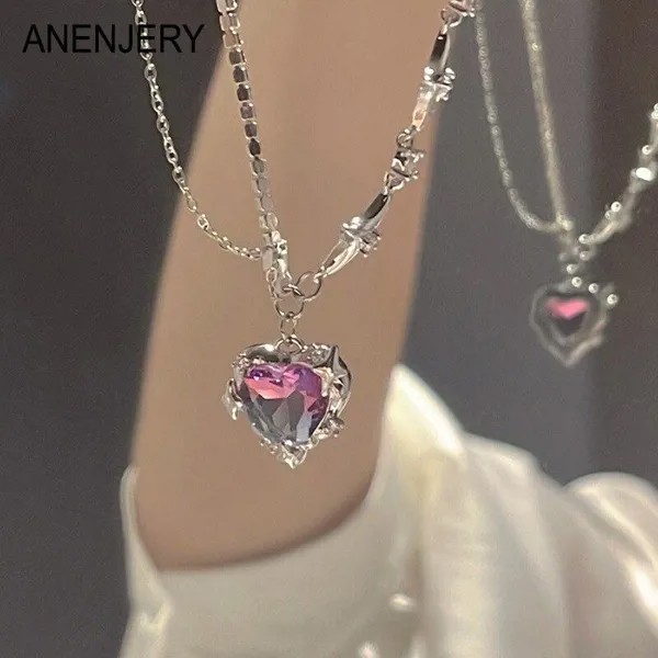 ANENJERY Цветной циркон Сердце Ожерелье для женщин Нишевый дизайн Романтическая ключичная цепочка Изысканные украшения для вечеринок