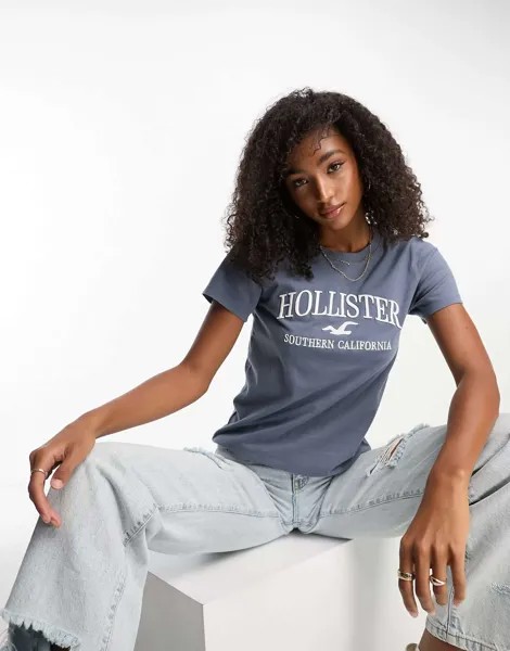 Синяя футболка с логотипом на груди Hollister