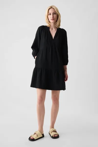 Каскадное мини-платье с длинными рукавами из жатого хлопка Gap, черный