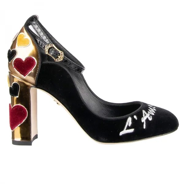 DOLCE - GABBANA Бархатные туфли-лодочки с ремешком на щиколотке в форме сердца VALLY LAmore Черное золото 09041
