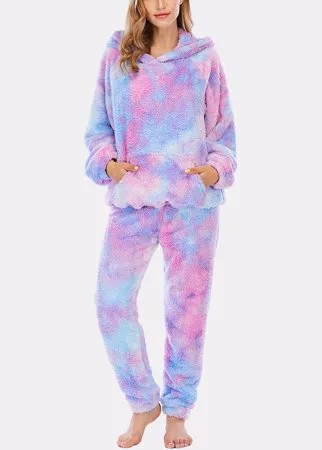 Женщины Tie Dye Kangaroo Pocket Long Sleeve Fleece Толстовка с капюшоном Loose Брюки Home Soft Пижамный комплект