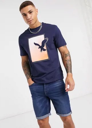 Темно-синяя футболка с логотипом на груди American Eagle-Темно-синий