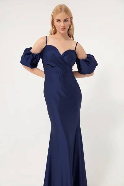 Женское длинное атласное вечернее платье темно-синего цвета с веревочным ремнем и низким рукавом Lafaba, темно-синий