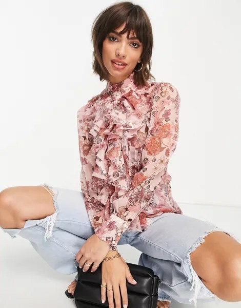 Розовая блузка с длинными рукавами и оборками на вороте River Island-Розовый цвет