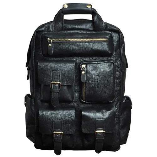 Рюкзак MyPads Premium M-1170 из качественной импортной натуральной коровьей кожи для ноутбука / 14.1 / 14.0 / 15.4 / 17.3 дюйма американский винтажный стиль с пятью карманами спереди мужская черного цвета