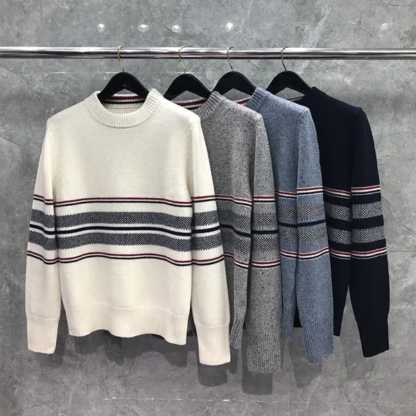 Модный брендовый свитер THOM TB 2023, мужские и женские облегающие пуловеры с круглым вырезом, одежда в стиле пэчворк, шерстяное Полосатое осенне...