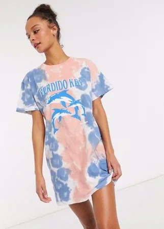 Свободное платье-футболка с принтом дельфинов и пастельным эффектом тай-дай Daisy Street-Многоцветный