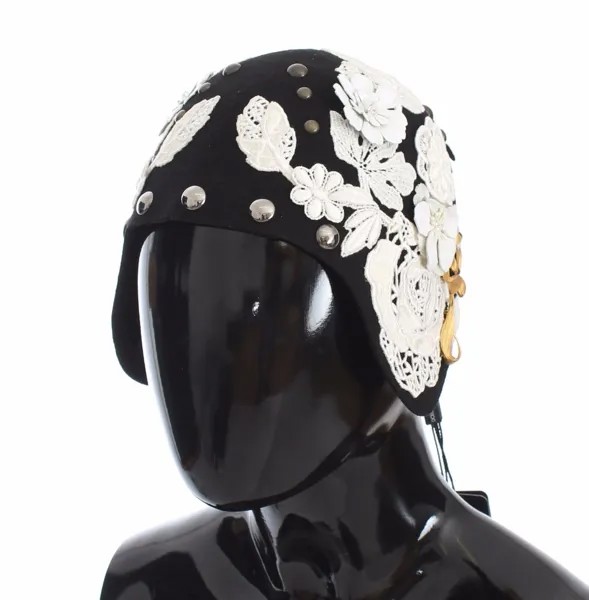 Шляпа DOLCE - GABBANA Черный шерстяной белый клош с цветочным принтом и сусальным золотом, один размер, рекомендуемая розничная цена 2700 долларов США.