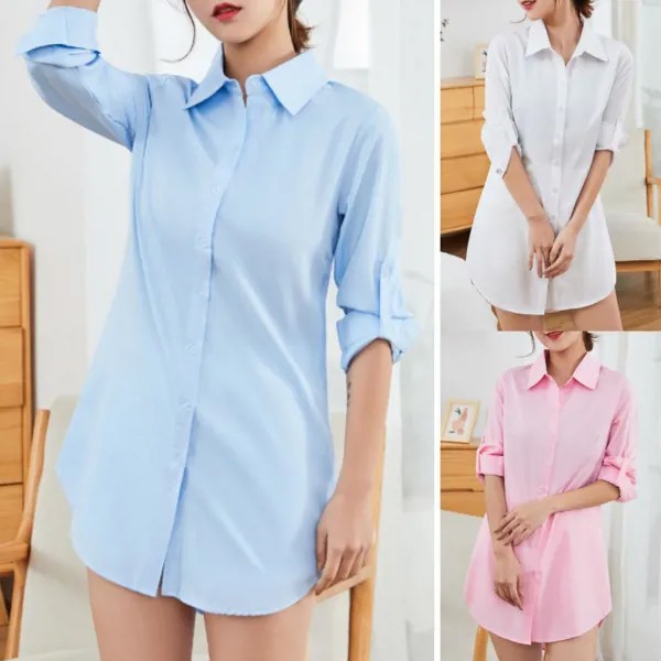 Женщины Сплошной цвет Длинные рукава Офисная рубашка Дамы Корейский стиль Повседневная свободная блузка Весна Осень All-match Top