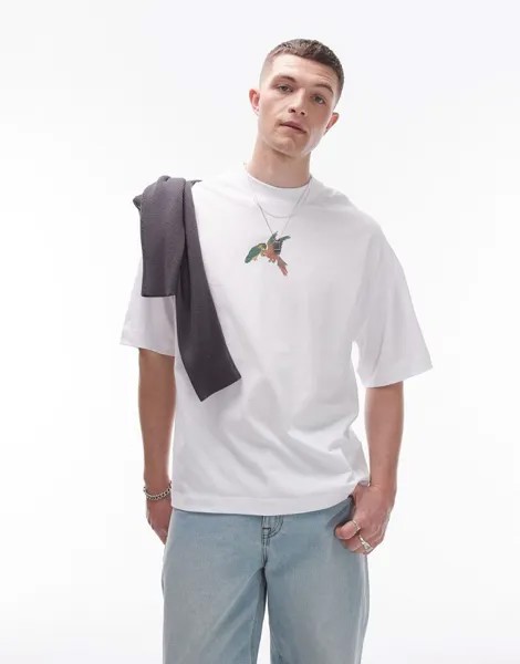 Topman — белая футболка премиум-класса в стиле oversize с принтом в виде попугая спереди и сзади