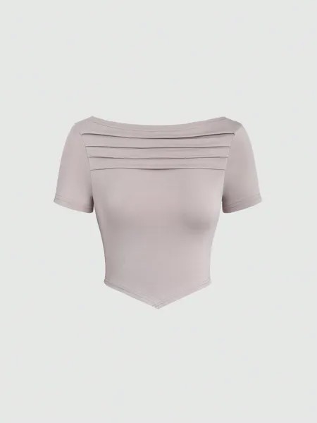 SHEIN EZwear женская летняя однотонная плиссированная асимметричная повседневная футболка с короткими рукавами, абрикосовый цвет
