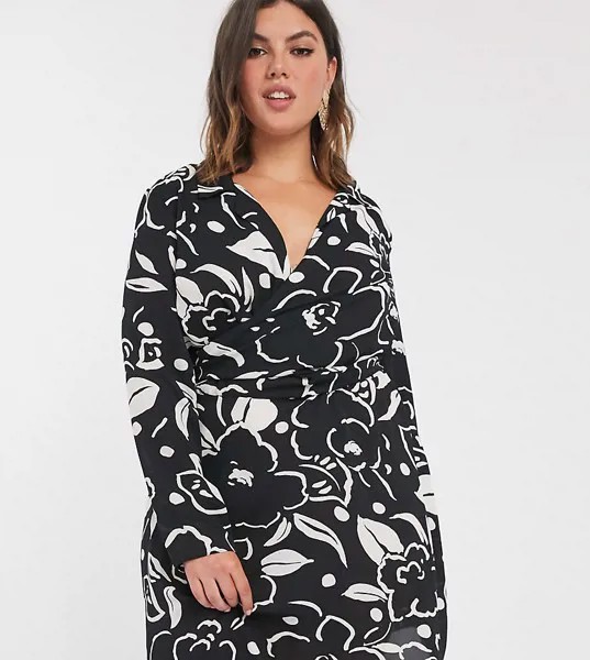 Платье мини с запахом и абстрактным цветочным принтом ASOS DESIGN Curve-Многоцветный