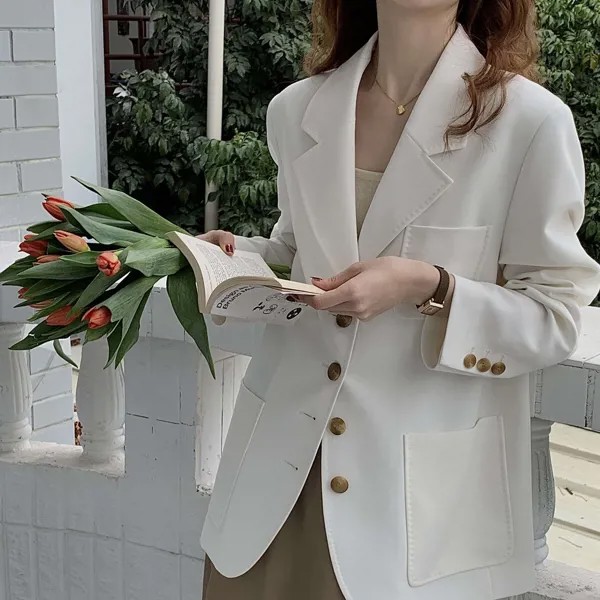 Корейская версия, повседневное пальто, белый повседневный костюм, свободный однотонный темпераментный костюм, Весенний новый пиджак для же...
